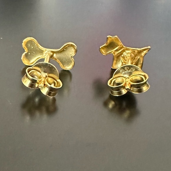 14k Gold Dog and Bone Mismatched Tiny Stud Earrings - Picture 8 of 12